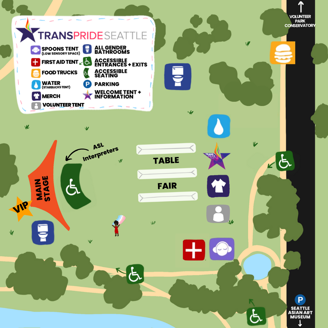 Map showing the general layout, including the locations of first aid, food & water, restrooms, merch & welcome tables, first aid, spoons tent, volunteer tent, accessible entrances/exits/seating, and parking.
