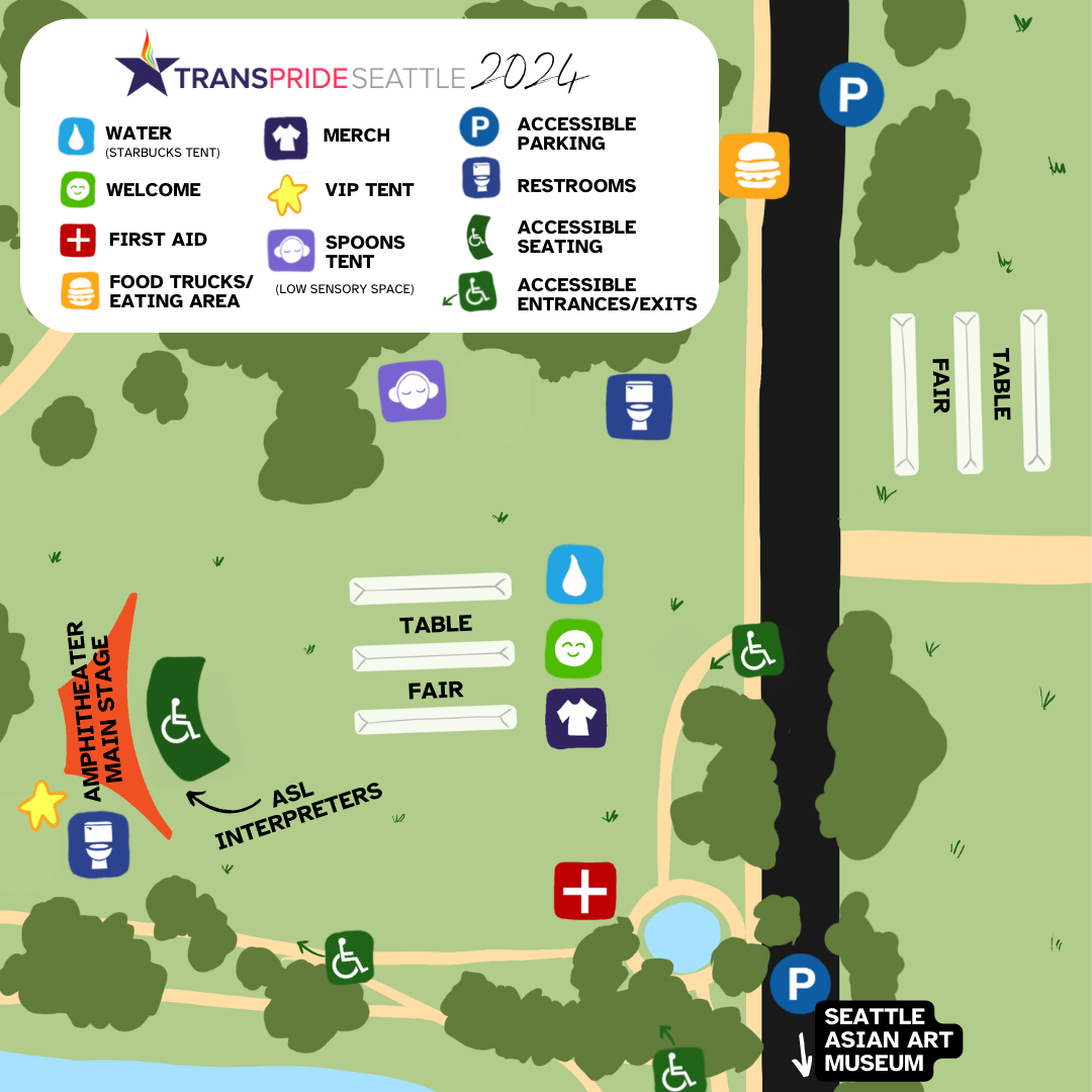 Map showing the general layout, including the locations of first aid, food & water, restrooms, merch & welcome tables, first aid, spoons tent, volunteer tent, accessible entrances/exits/seating, and parking.