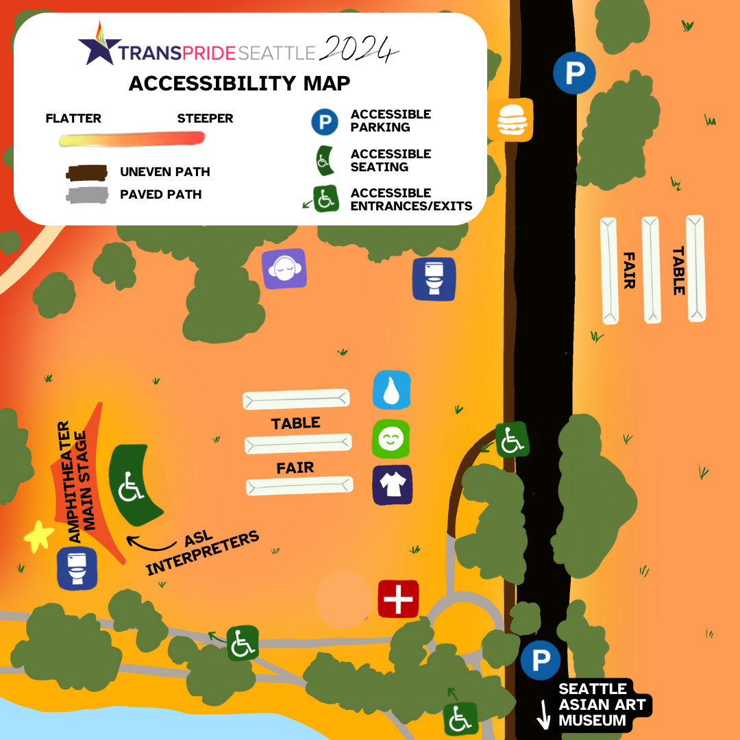 Map showing helpful information for wheelchair users, such as accessible entrances and exits; areas of the park that are flatter vs. steeper; and uneven vs. paved paths.